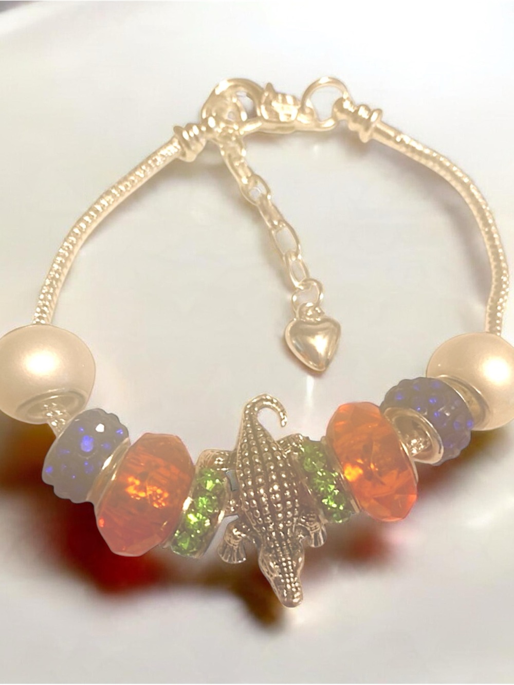 NWT Handmade Silver Gator Alligator Bracelet Orange, Green & Blue Accents NEW